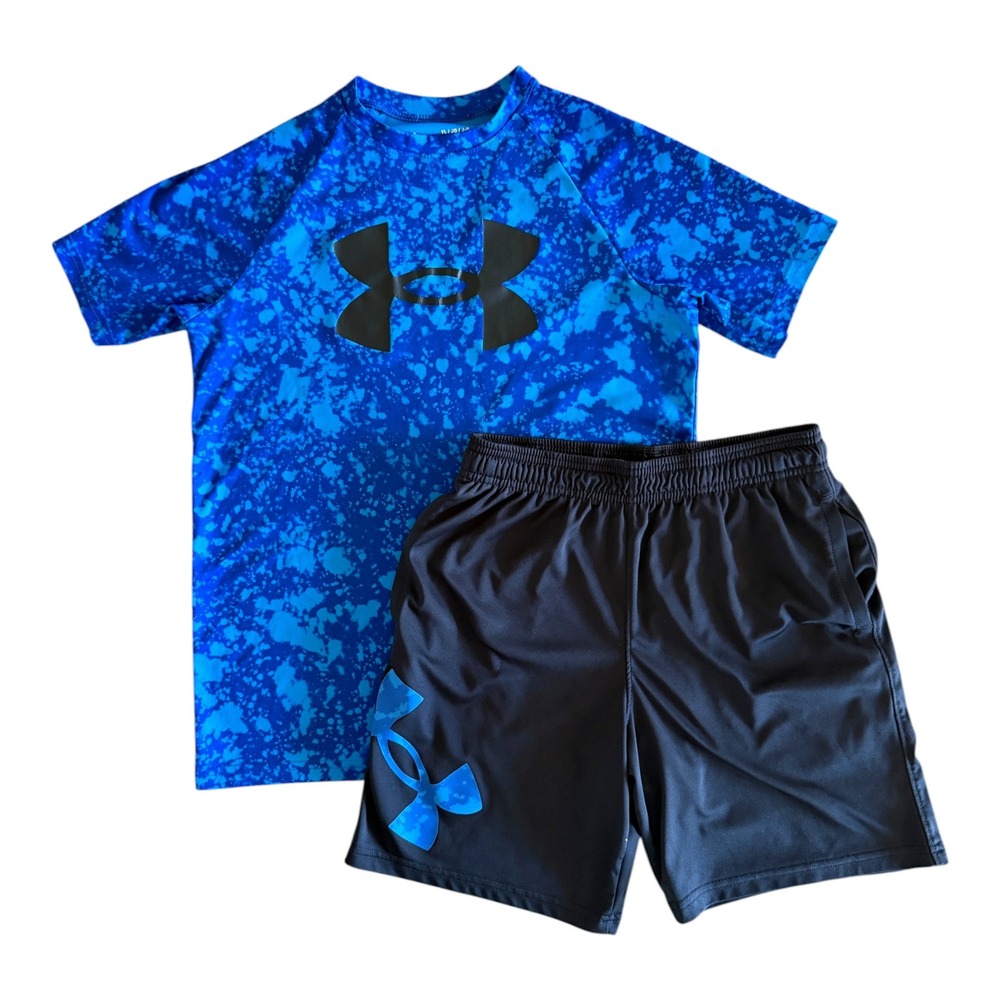 Under Armour Boys Blue Black Splatter Athletic Shirt Shorts Set - Youth Large